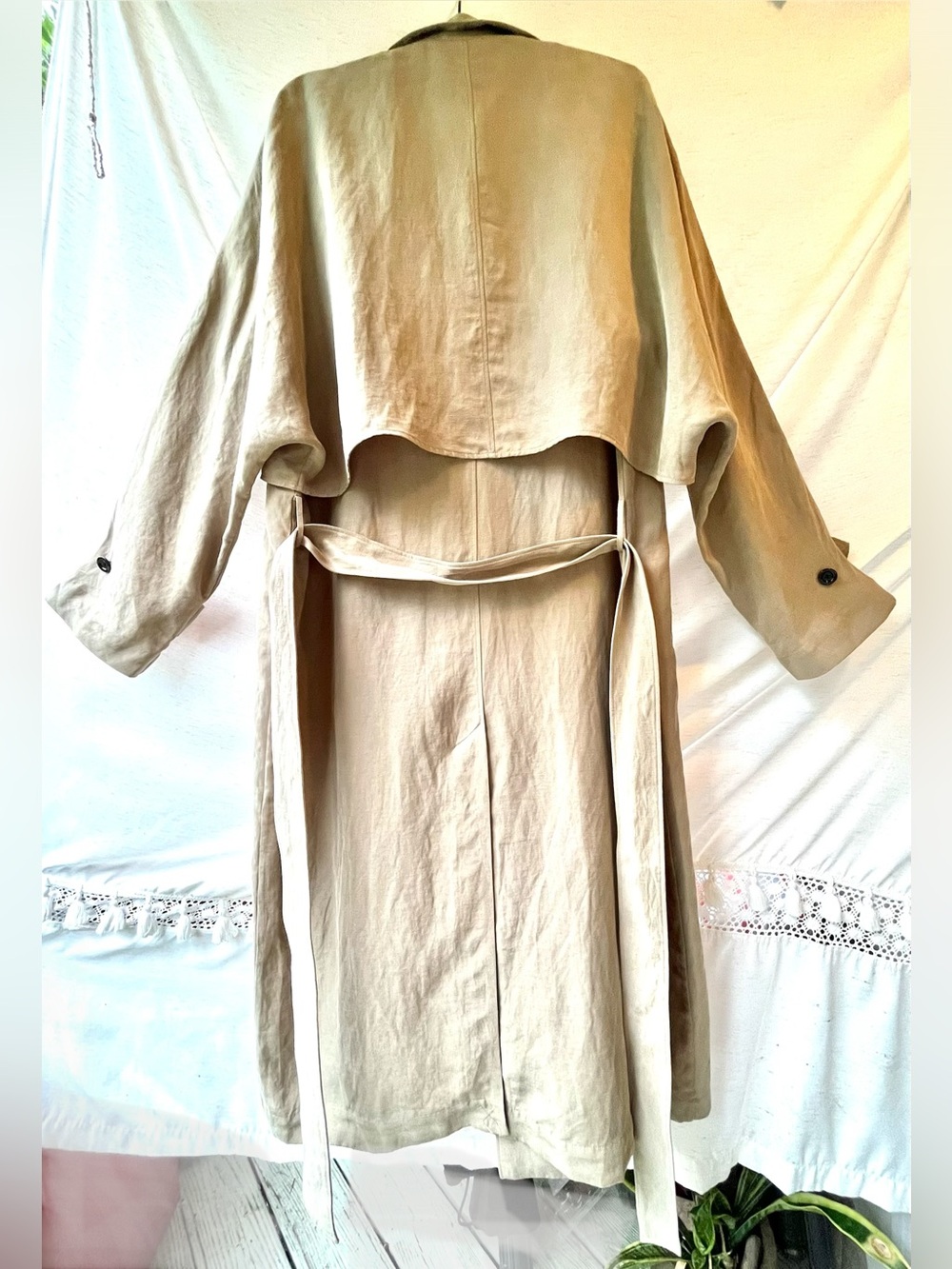 Massimo Dutti Linen Blend Trench Coat Notched Lapel Collar w Belt Detail Large - Picture 13 of 15